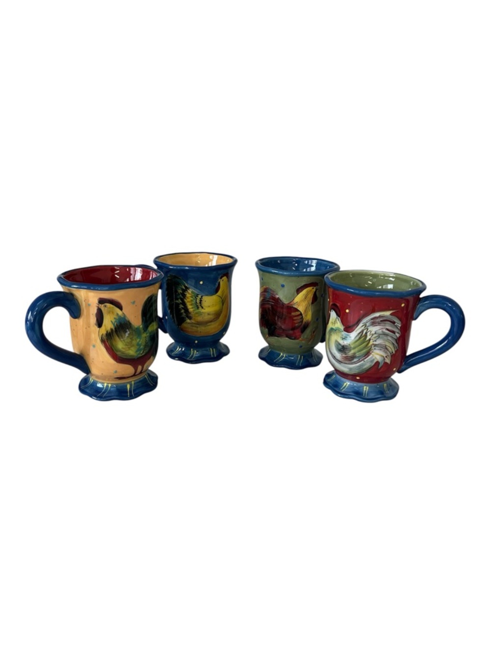 Certified International Susan Winget Rooster Blue Fluted Ceramic Mugs Set of 4